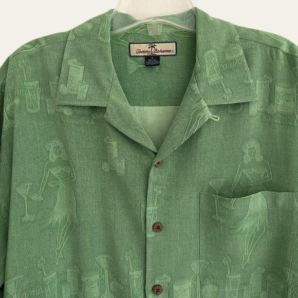 Tommy Bahama Hawaiian Camp Shirt Green M Silk Hula Dancer Bahama Colada EUC - Picture 4 of 11